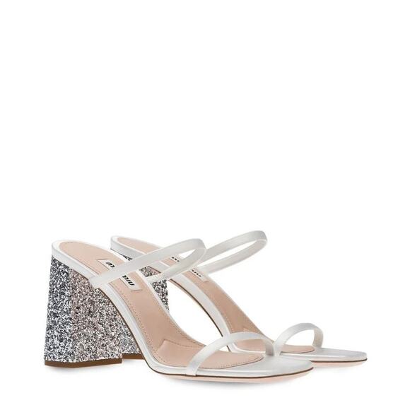 Miu Miu Forma Raso Glitter Block Heels Sandals Square Toe Bianco Argento Sz 39.5 - Picture 2 of 13
